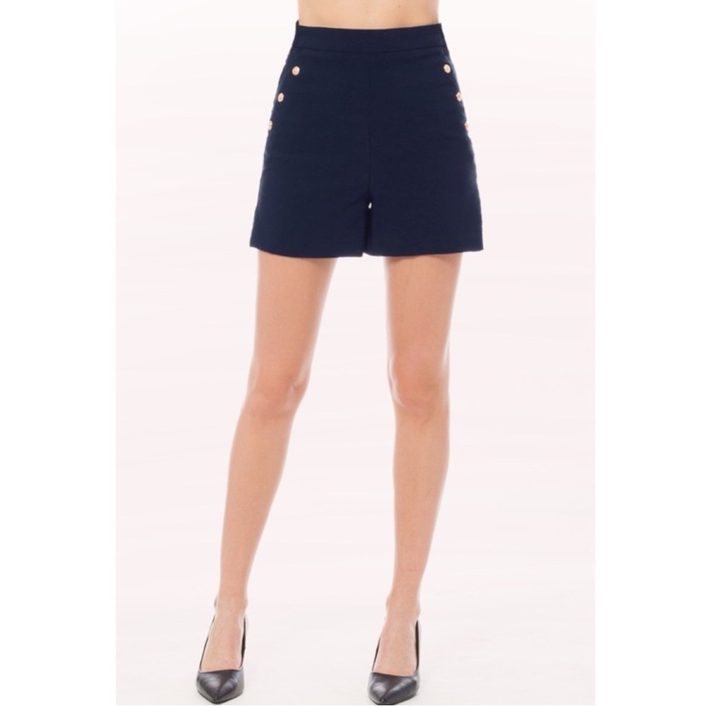 High-Rise Navy Shorts with Gold Button Accents - Picture 2 of 9